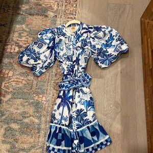 Farm rio blue white shirt puffy sleeve dress with fabric belt.